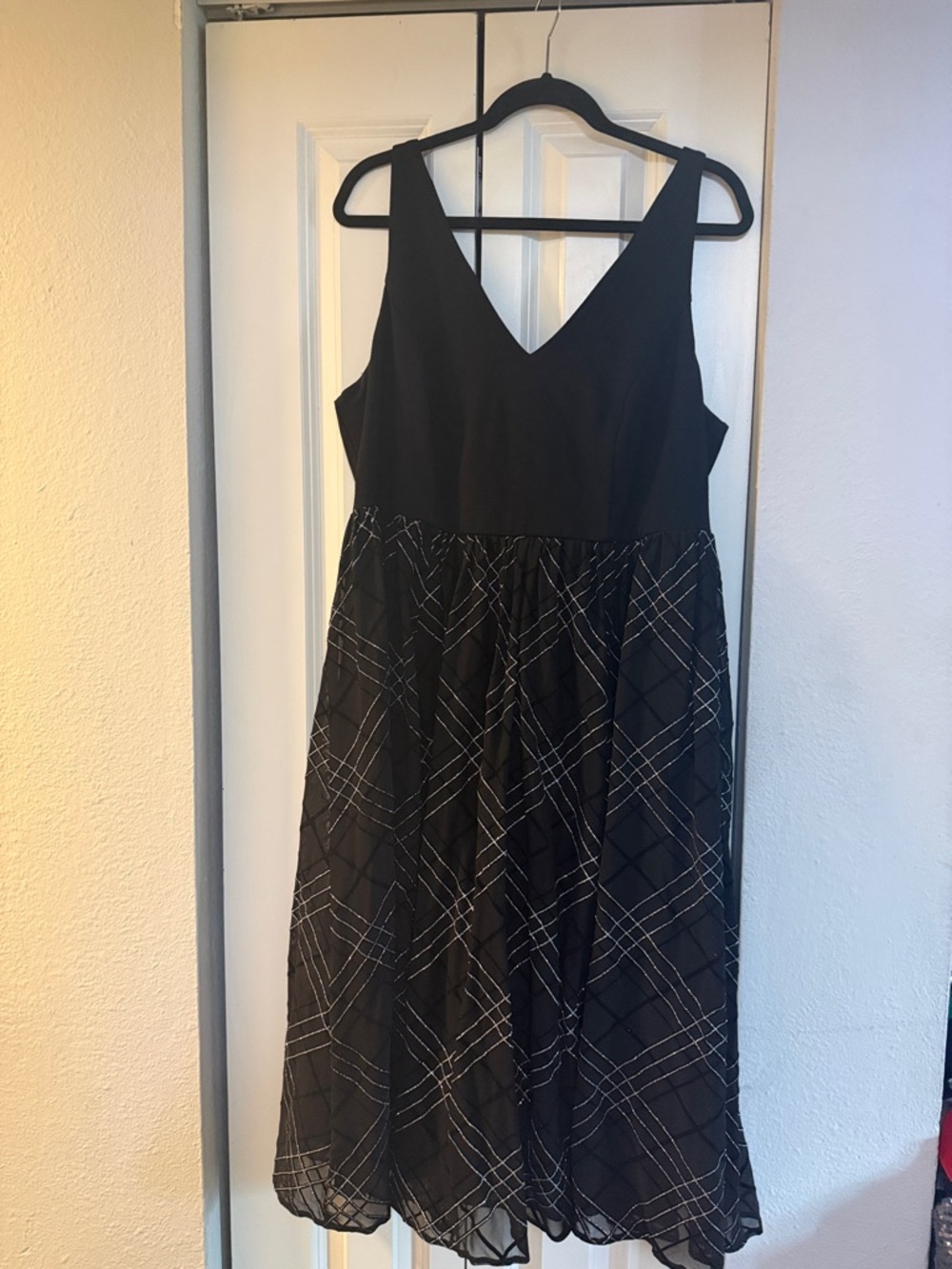 torrid Black V-Neck Midi Dress with Plaid Sheer Skirt
